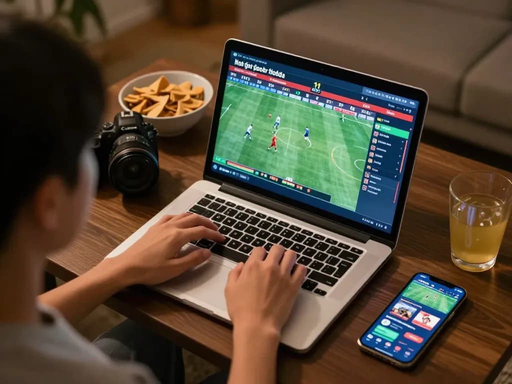 Engaging in Kết quả bóng đá while placing live sports bets at home with laptop and snacks