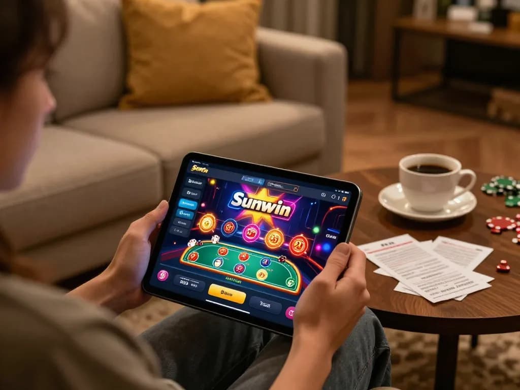 Engaged player enjoying Sunwin app on tablet, surrounded by strategic notes and cozy ambiance.