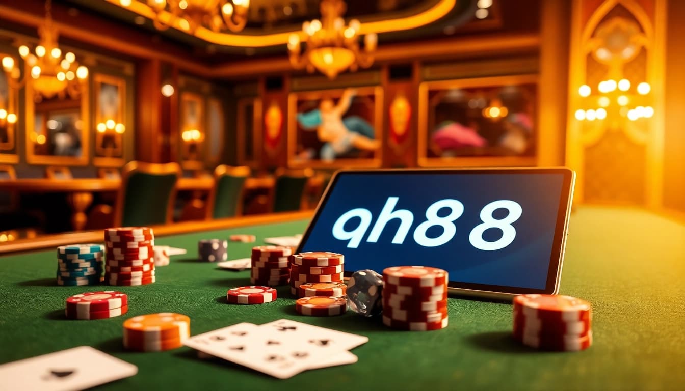 Players place bets at a vibrant qh88 casino table with cards and poker chips.