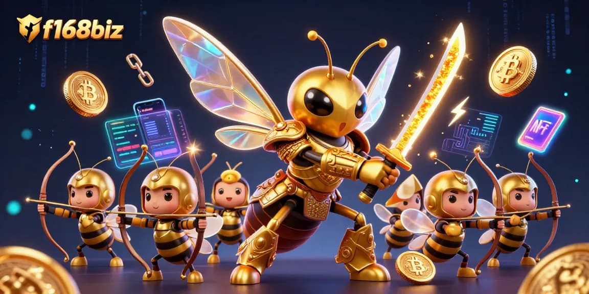 Engage in thrilling gaming adventures at f168biz with a dynamic scene of 3D characters and crypto elements.