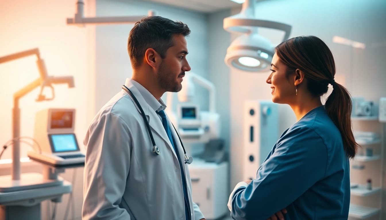 Driada medical Beratung im modernen Klinikraum mit freundlichem Arzt und Patient.