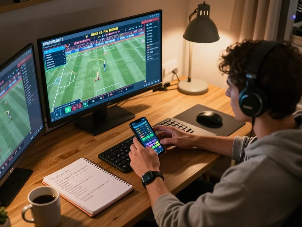 Engaged player analyzing live sports betting odds at manclub online, focused gaming environment with multiple screens.