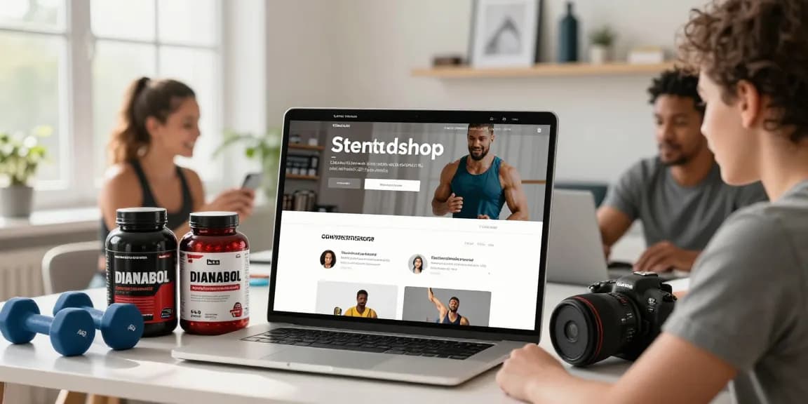 Online-Einkaufserlebnis bei Steroidshop mit Fitnessbegeisterten, die Anabolika und Nahrungsergänzungsmittel in einem modernen Home-Office erkunden.