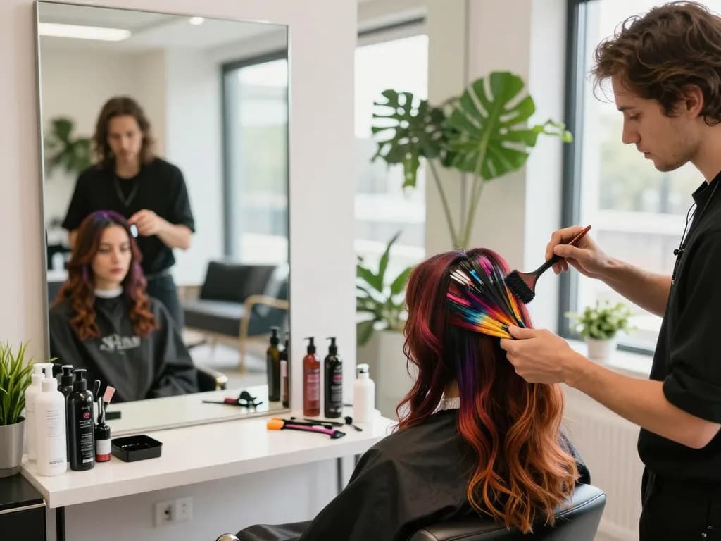 プロのヘアスタイリング技術とヘアカラー美容室向け製品を披露するスタイリッシュなサロンでの鮮やかなヘアカラーセッション。