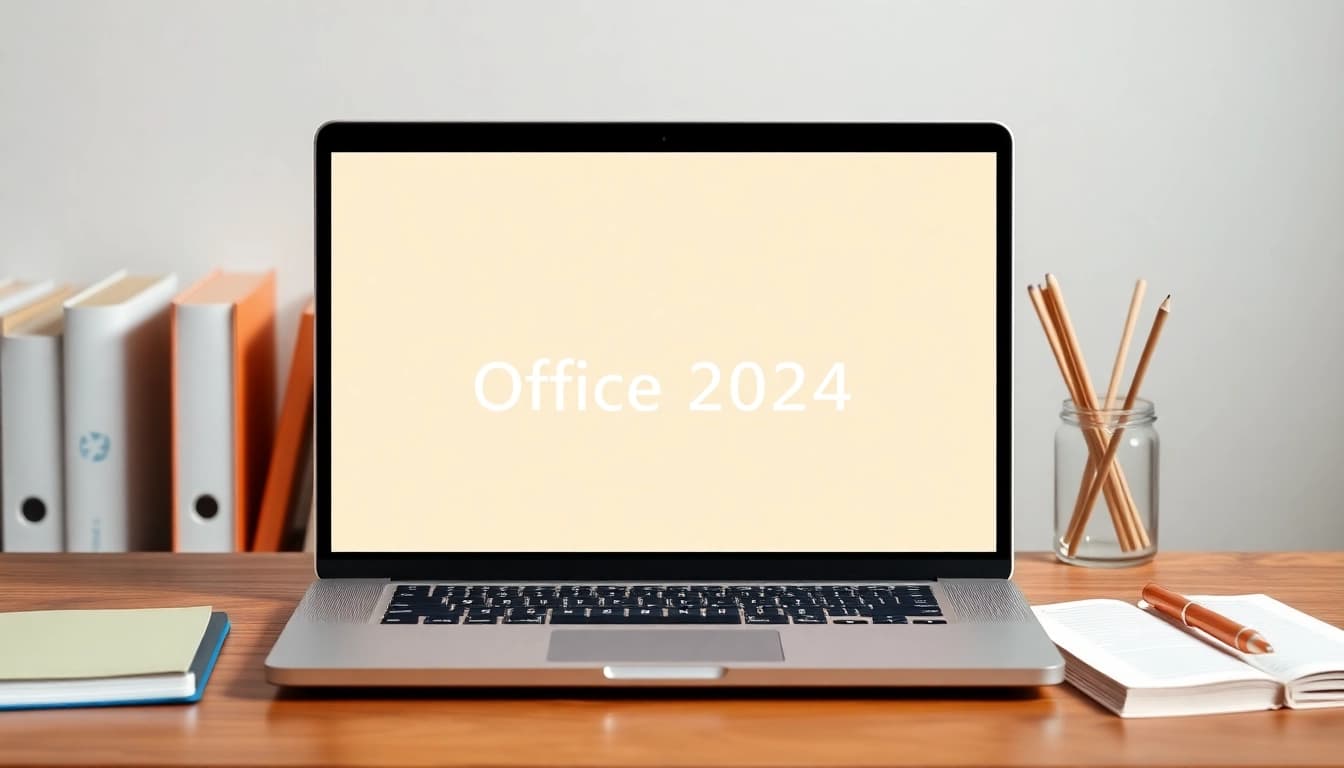 Erleben Sie die Benutzeroberfläche von Office 2024 Mac ohne Abonnement auf einem modernen Laptop in inspirierendem Büroambiente.