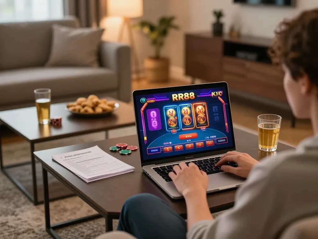 Engaging in online gaming with RR88 KJC at home, illustrating responsible entertainment in a cozy environment.