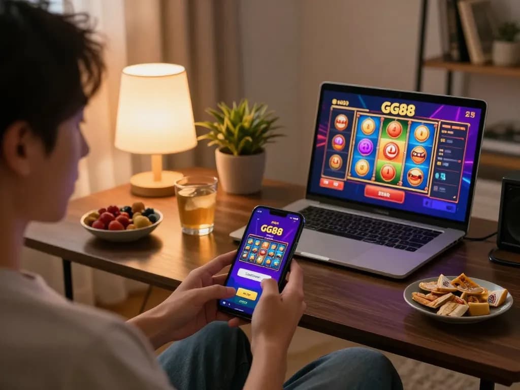 Enjoying GG88 online betting experience on smartphone in a cozy home atmosphere