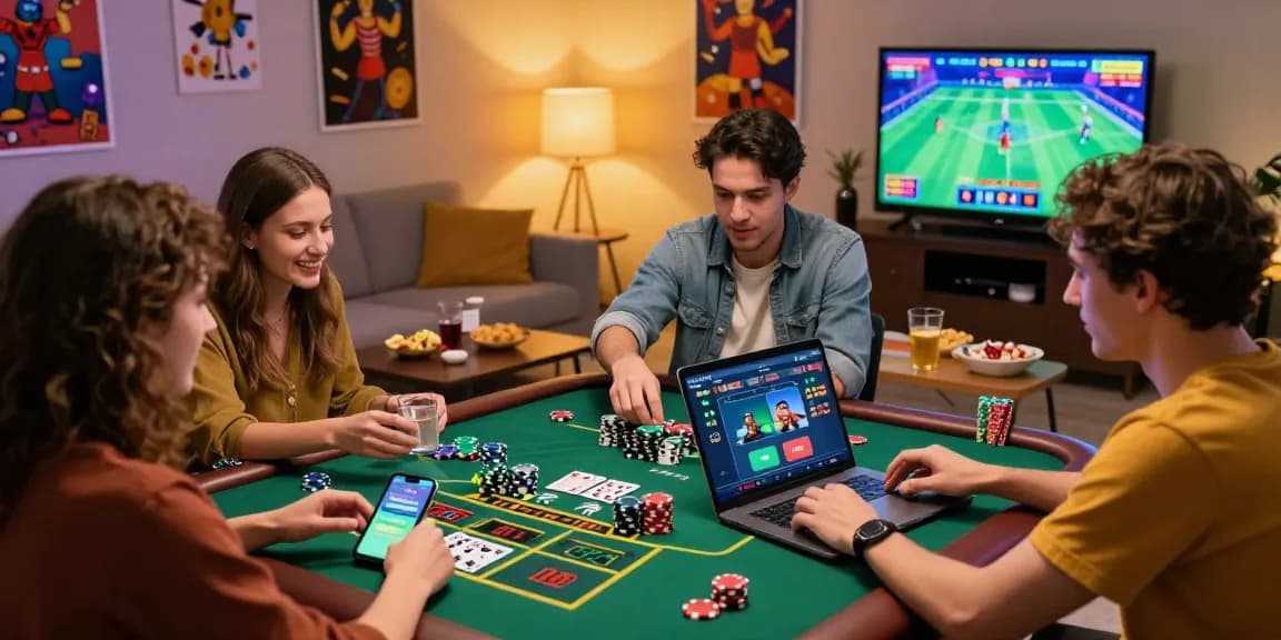 Freunde genießen ein Live-Spiel in einem Paysafe Card Casino, das eine lebendige Atmosphäre und mobile Transaktionen zeigt.