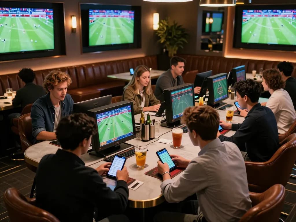 Tỷ lệ kèo nhà cái 5 visualized through engaged bettors in a stylish lounge during live football matches.