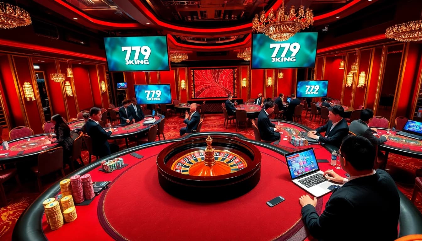 Exciting gaming scene at the 79KING casino featuring players at roulette and poker tables.