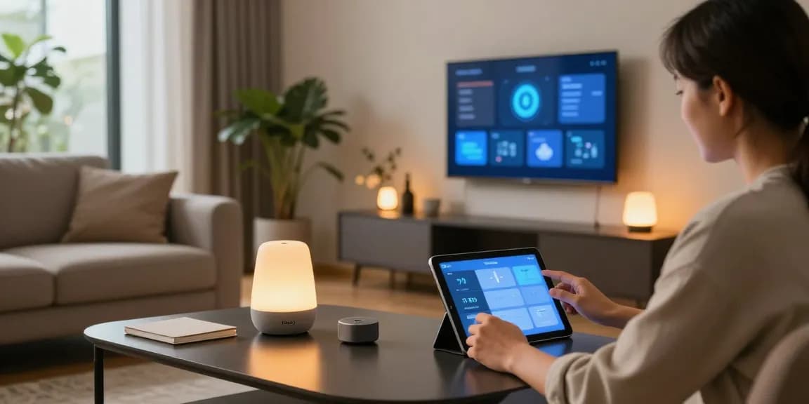 Homey Pro Erfahrungen in a modern living room setup featuring smart devices and user interaction