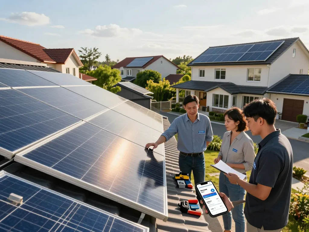 Solar Wien Hausbesitzer beraten sich über die Installation von Solarpanelen in einem hellen Viertel.