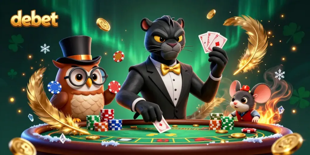 Play cards at debet with a stylish panther dealer, a wise owl, and a lucky mouse.