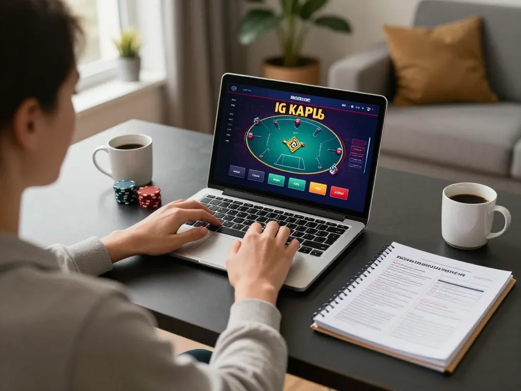 Person engaging in online poker gameplay on gamedoithuong88, showing strategies with notes.