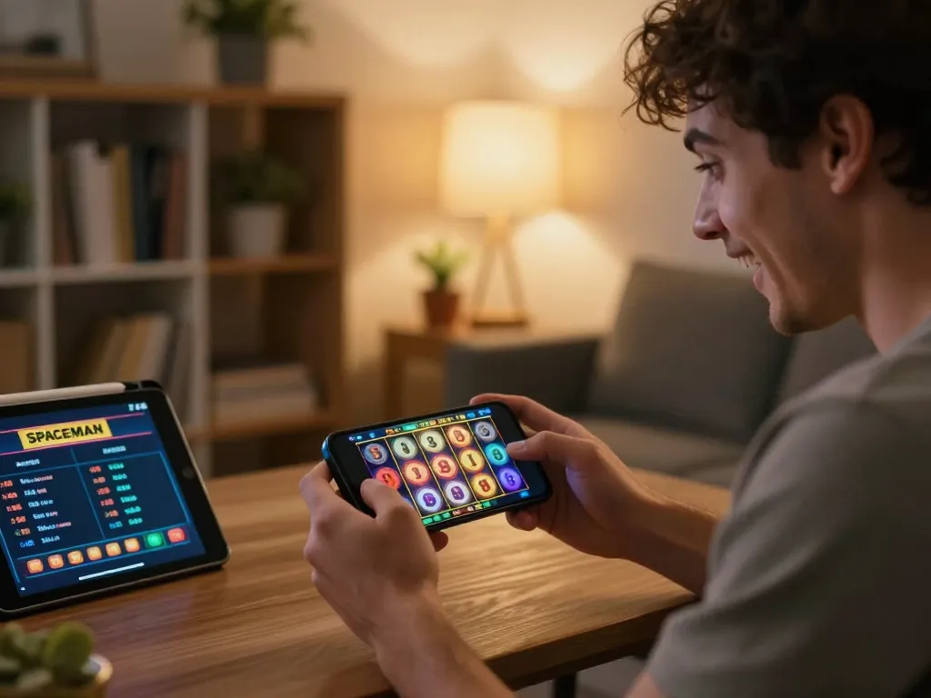 Player enjoying the slot spaceman game on smartphone, celebrating a win during home gaming session.