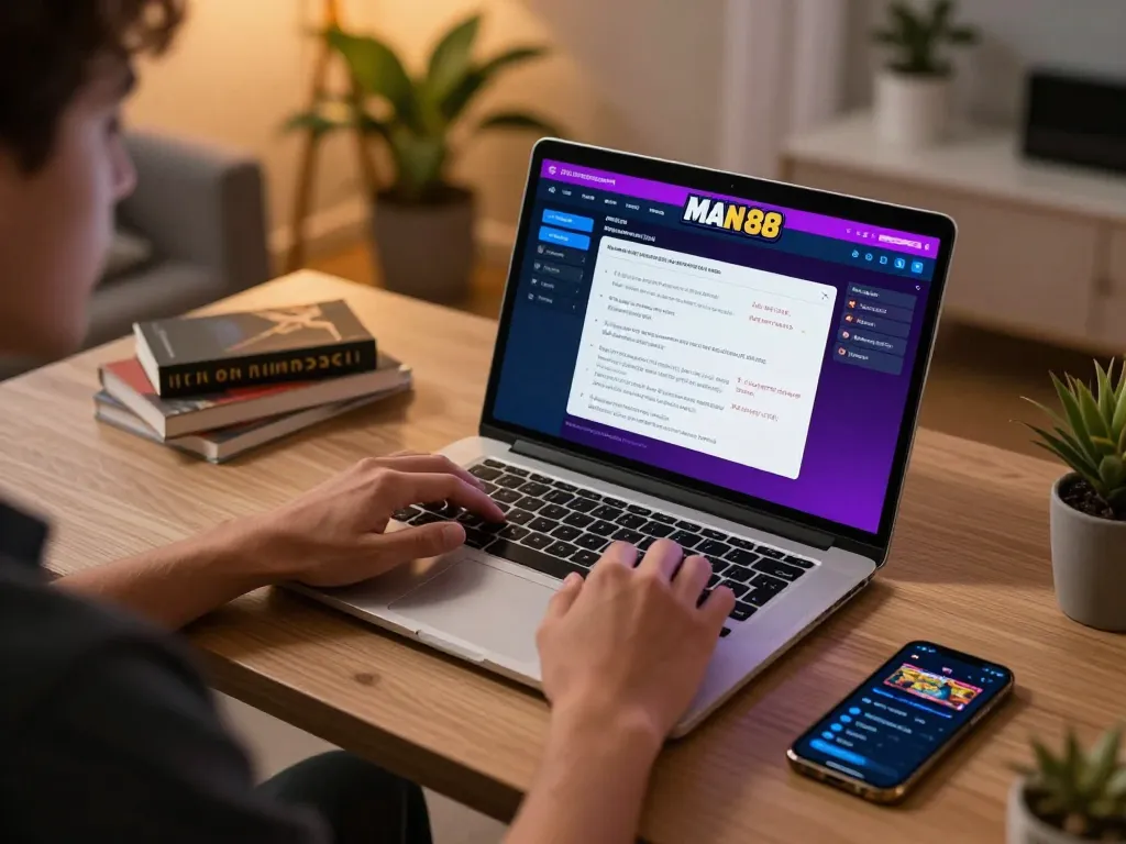 Engaged user exploring Man 88 online casino betting interface from a cozy home environment