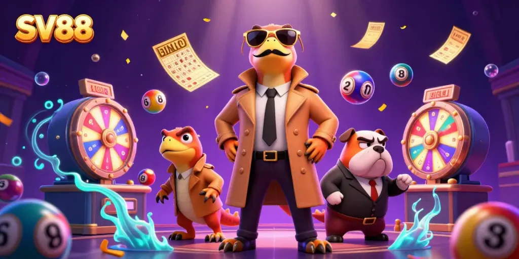 SV88 engaging characters in a dynamic casino scene featuring vibrant lottery elements.