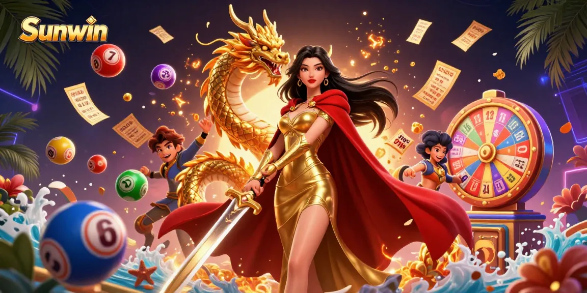 Experience thrilling gameplay with Sunwin's vibrant lottery balls and a majestic warrior queen illustration.