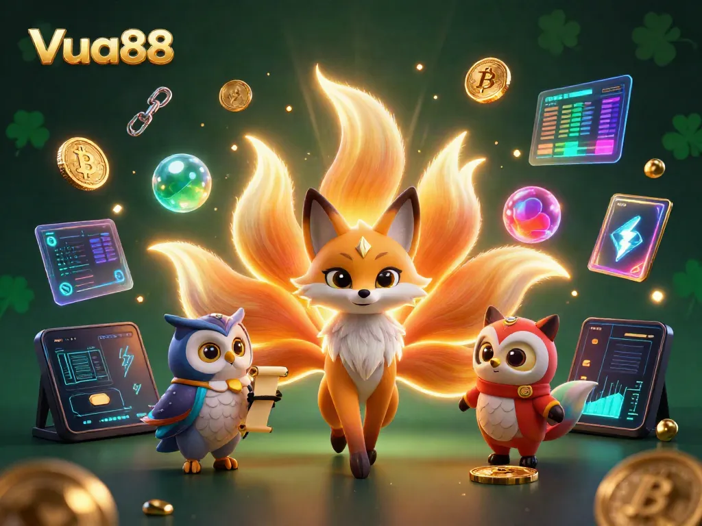 Vua88 features an enchanting scene with a nine-tailed fox spirit and owl sage symbolizing the vibrant essence of online gaming.