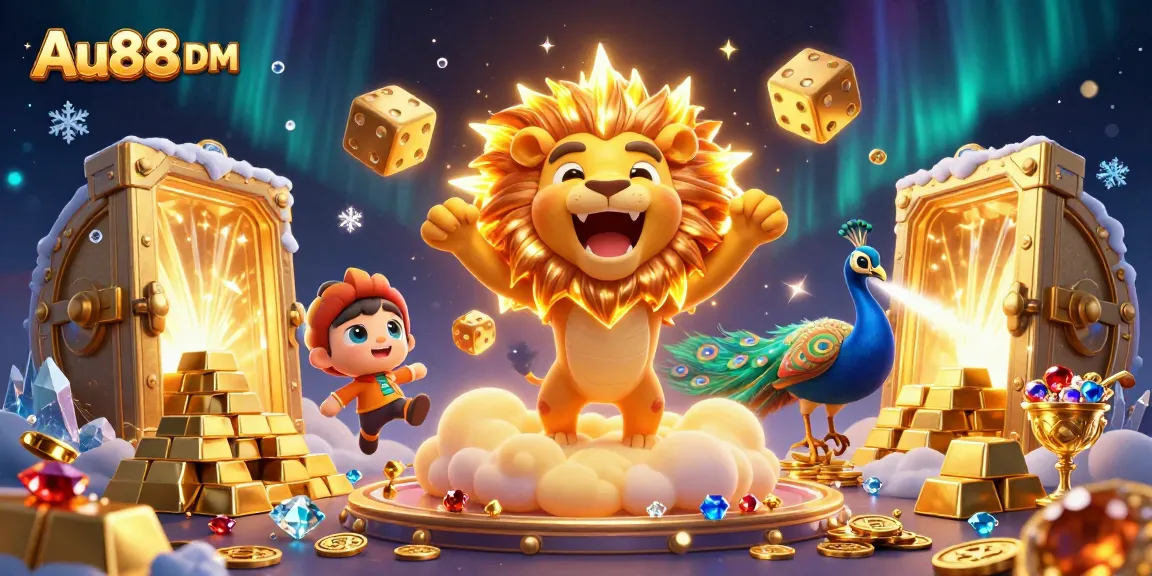 Join the excitement betting at Au88 DM with dynamic gold and gem elements surrounding a roaring lion.