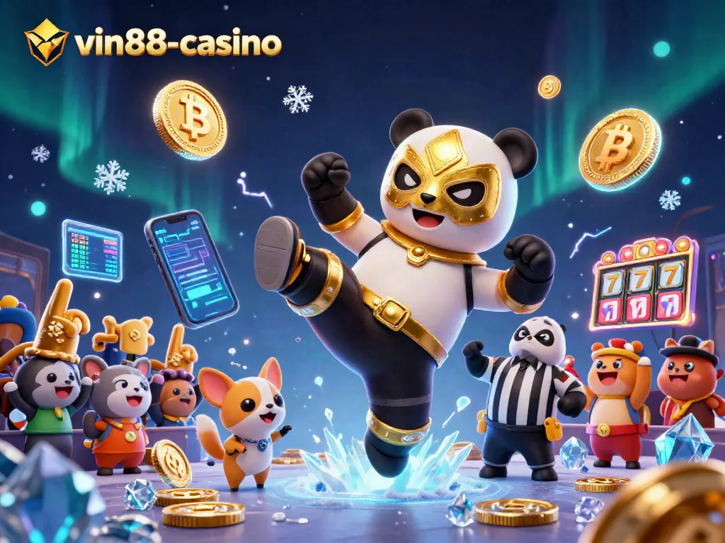 Experience thrilling gameplay at vin88-casino with a vibrant 3D wrestling scene surrounded by exciting gambling elements.