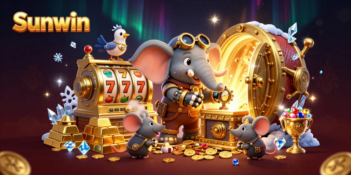 Spin at the Sunwin slot machine with an imaginative steampunk scene full of treasures.
