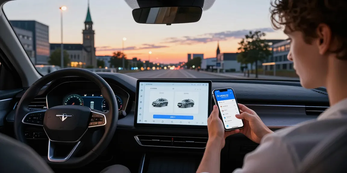Kfz Versicherung Dortmund: Junge Autofahrerin vergleicht preiswerte Tarife in Dortmund auf dem Smartphone im Auto.