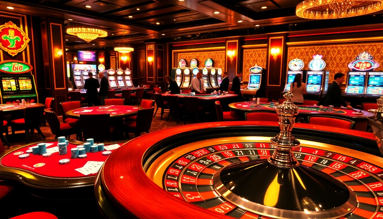 B52 Club showcasing vibrant casino tables with poker chips and a spinning roulette wheel for an engaging gaming experience.