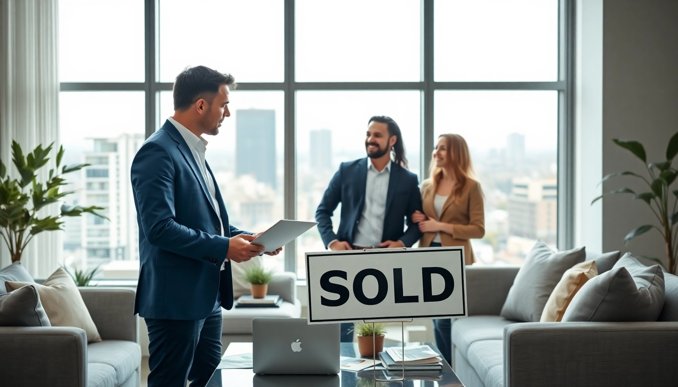 Immobilienmakler Frankfurt Preungesheim berät ein junges Paar in einem modernen Büro.