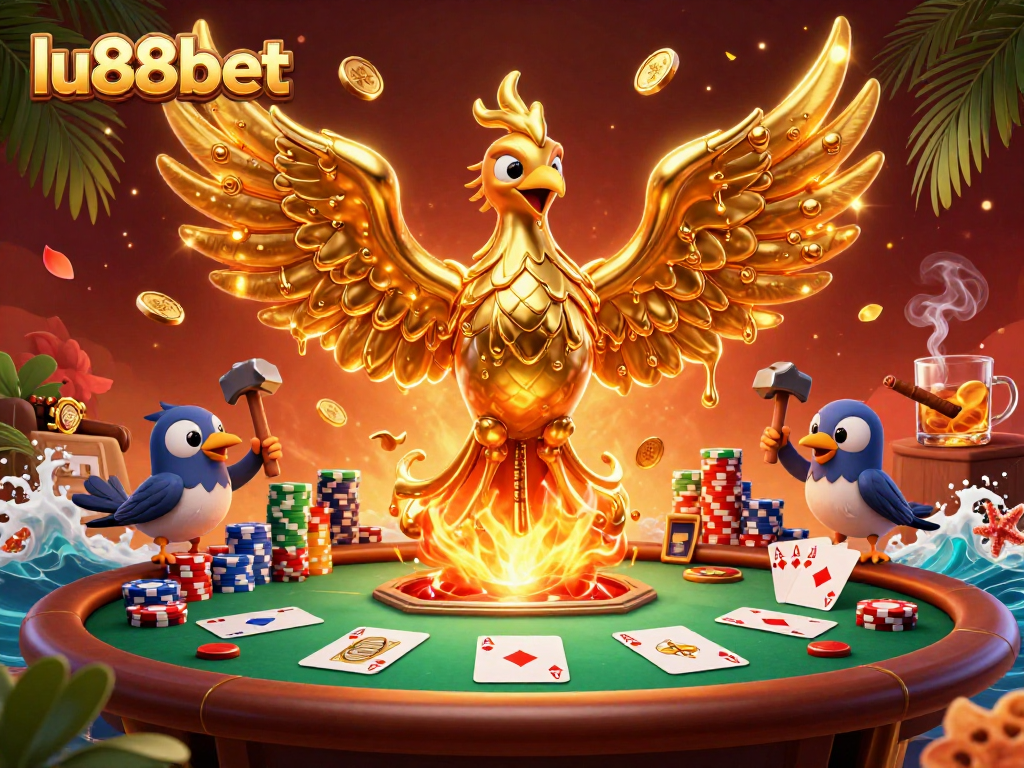 Experience thrilling action at lu88bet with a molten phoenix and poker elements in vibrant casino scene.