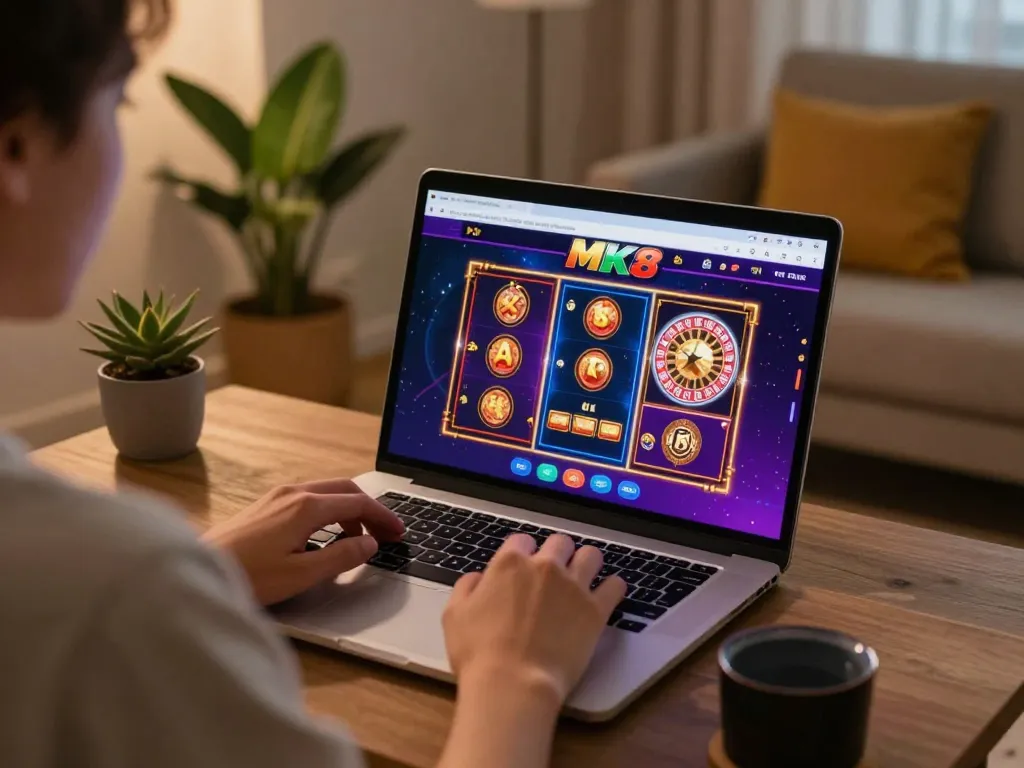 Engaging with MK8 online gambling setup in a cozy home setting while exploring casino games.