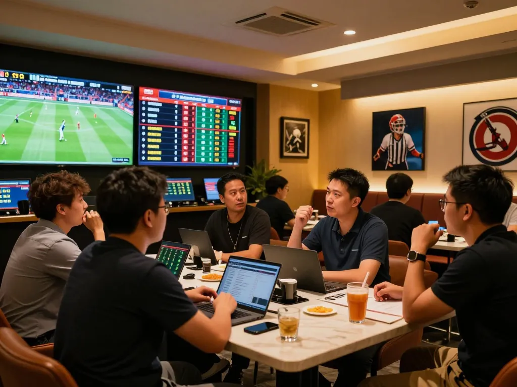 Engaged bettors analyzing odds at shbet sports betting lounge with live screens displaying events