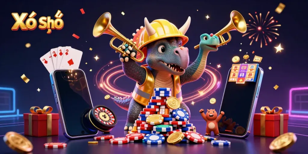 Engage in Xổ Số excitement with a vibrant 3D illustration showcasing characters celebrating lottery wins.
