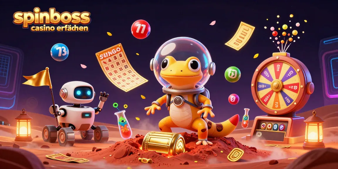 SpinBoss Casino Erfahrungen: 3D-Mars-Gecko entdeckt einen goldenen Casino-Schatz im roten Mars-Sand.