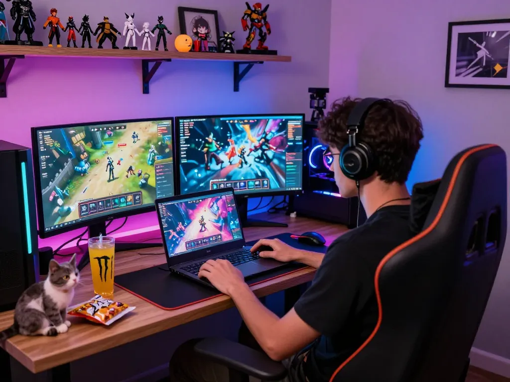 Gamer enjoying game sex on laptop with vibrant LED lights and gaming memorabilia.