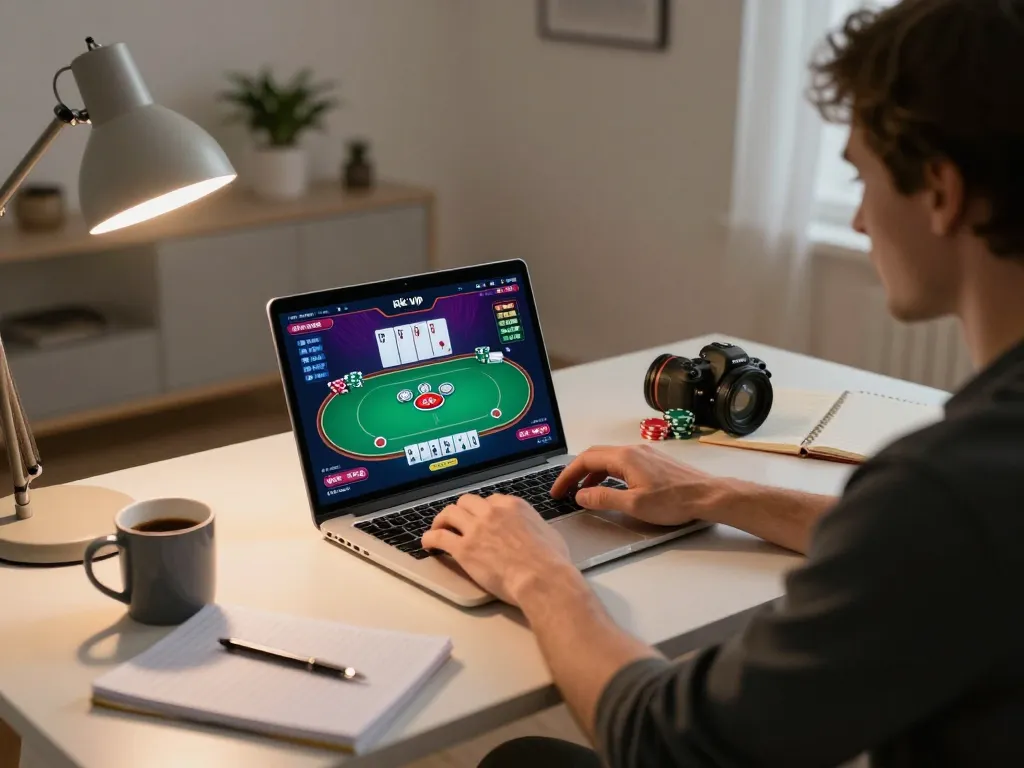 Player enjoying rik vip poker on laptop in a cozy home office environment