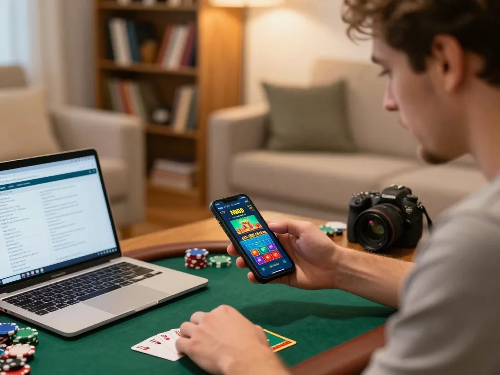 Player using NN88 casino app on smartphone, showcasing online gambling strategy in cozy home.