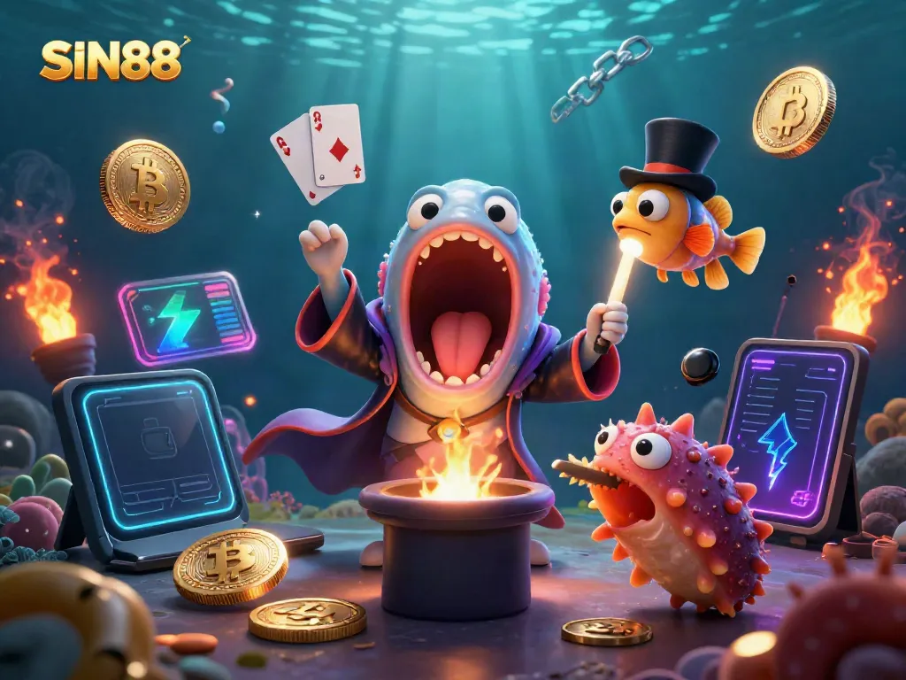 SIN88's vibrant underwater scene featuring a magical eel performing tricks with glowing cryptocurrency coins