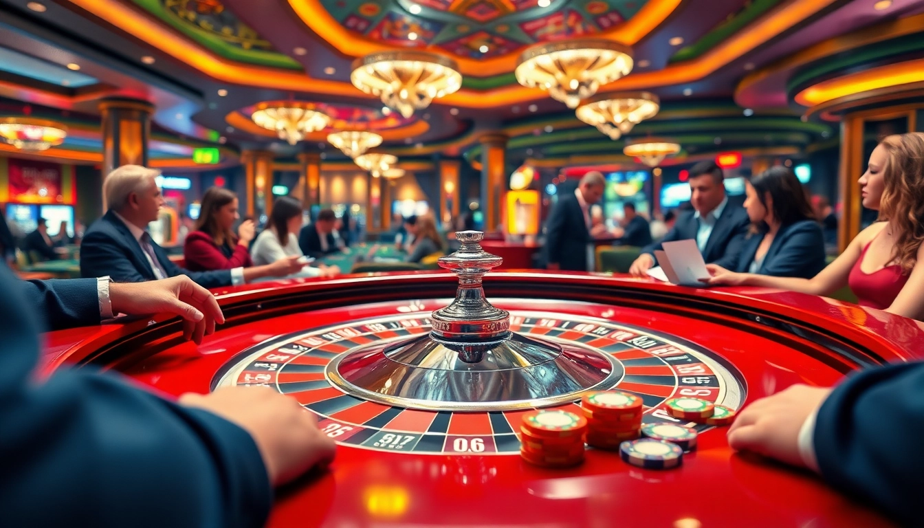 Spiele im casino spiele.de mit Spielern an einem lebhaften Roulettetisch genießen.