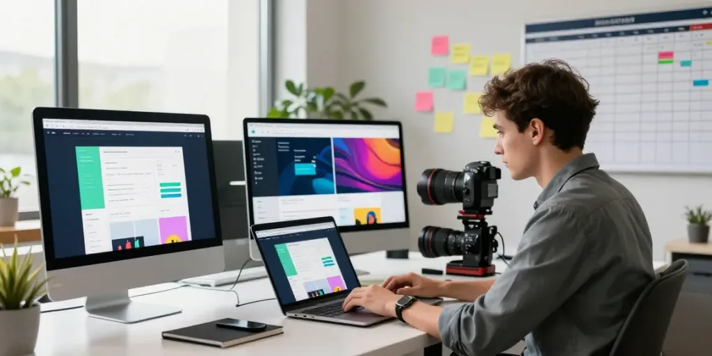 Professioneller Webdesigner bei der Arbeit in einem modernen Webdesign-Studio, kreativ und produktiv, webdesign saarland im Fokus.