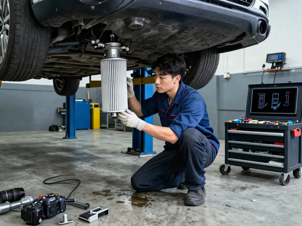 Mechaniker bei der DPF Reinigung Hannover in einer Werkstatt mit modernen Werkzeugen.