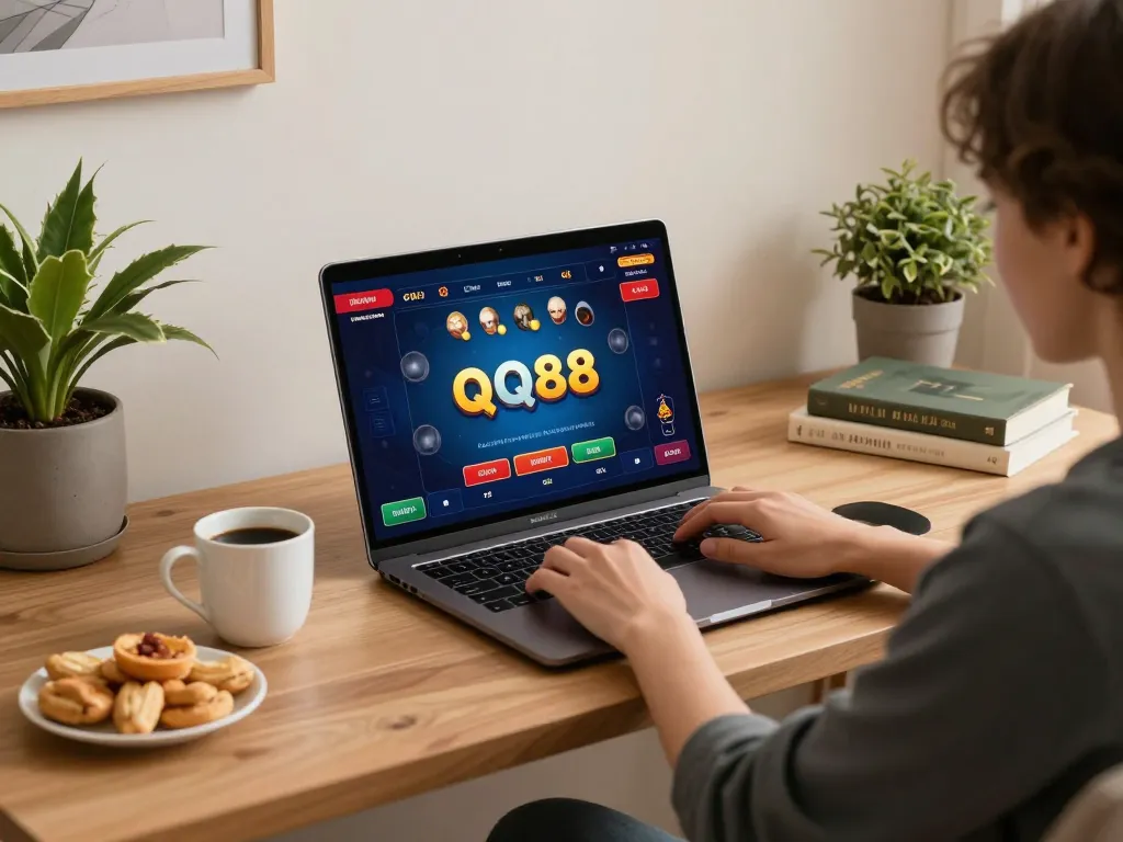 Engaging moment of gaming at QQ88 là gì, showcasing an online casino experience with cozy home ambiance.