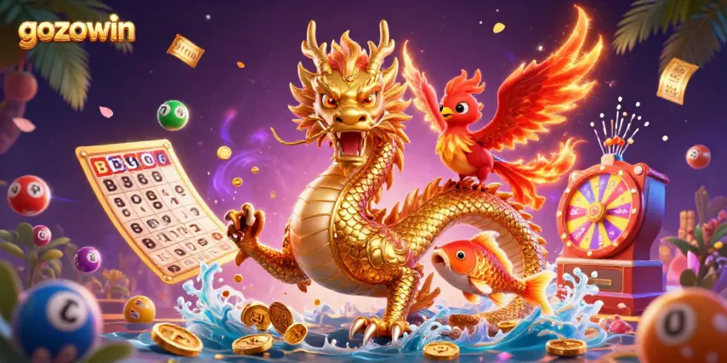 Experience the excitement of gozowin with dynamic characters and colorful game elements in this vibrant illustration.
