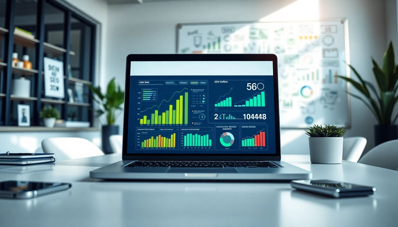 Erfahren Sie wertvolle SEO Tipps in einem modernen Büro mit einer Analyse am Laptop.