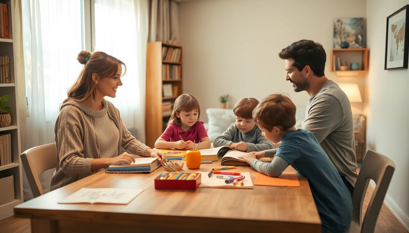 Eltern unterrichten ihre Kinder beim Heimunterricht in einem einladenden Wohnzimmer mit Lernmaterialien.