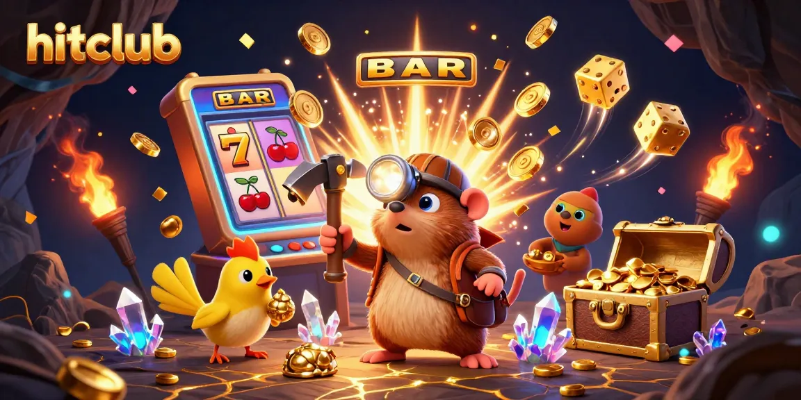 Hitclub features a vibrant 3D scene with a treasure hunter and a slot machine overflowing with coins.