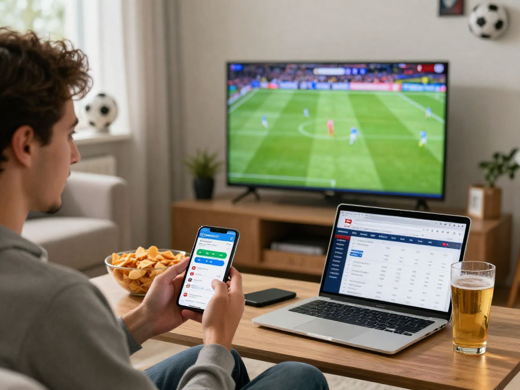 Fussballwetten ohne OASIS im gemütlichen Wohnzimmer mit Wett-App auf dem Smartphone und Bundesliga-Spiel im Fernsehen.