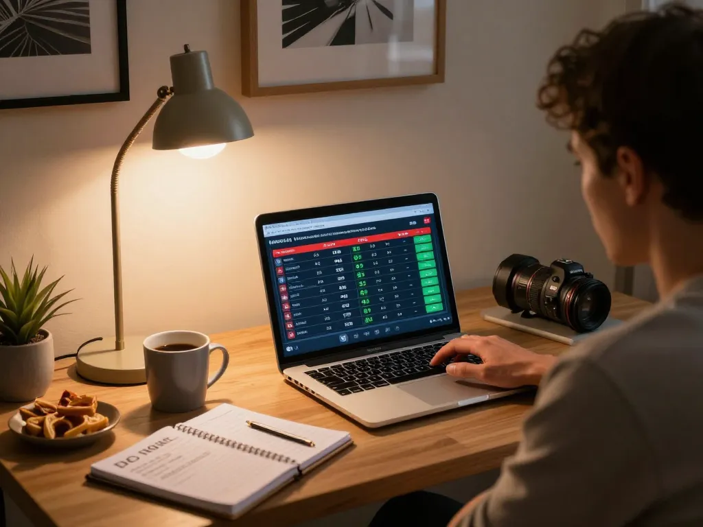 Engaged user analyzing keo nha cai odds on laptop in a cozy home environment