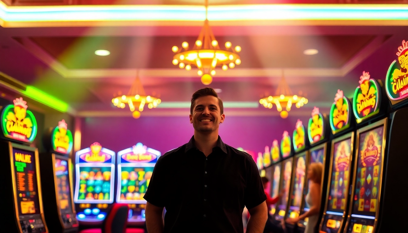 Erlebe Casino ohne Anmeldung mit lebhaften Lichtern und fröhlichen Spielern an den Spielautomaten.