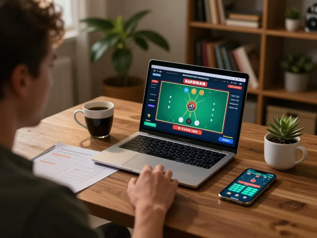 MB66 player focusing on online poker game while managing strategy notes in a cozy home setting.